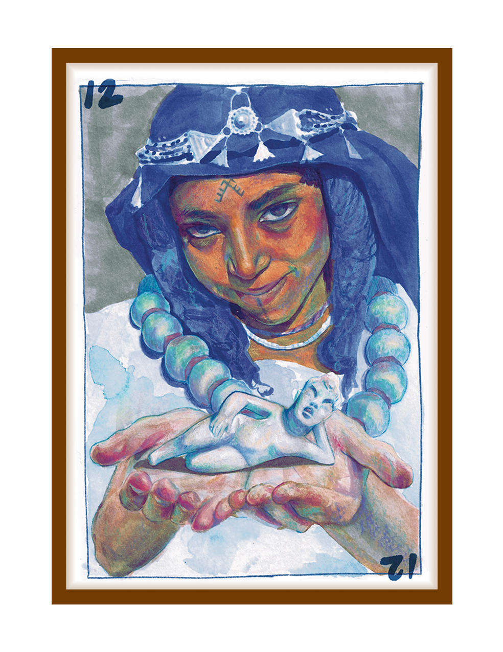 Reina 3 by Ibouyen: watercolour portrait of an Amazigh woman in a silver headdress holding a small white bird