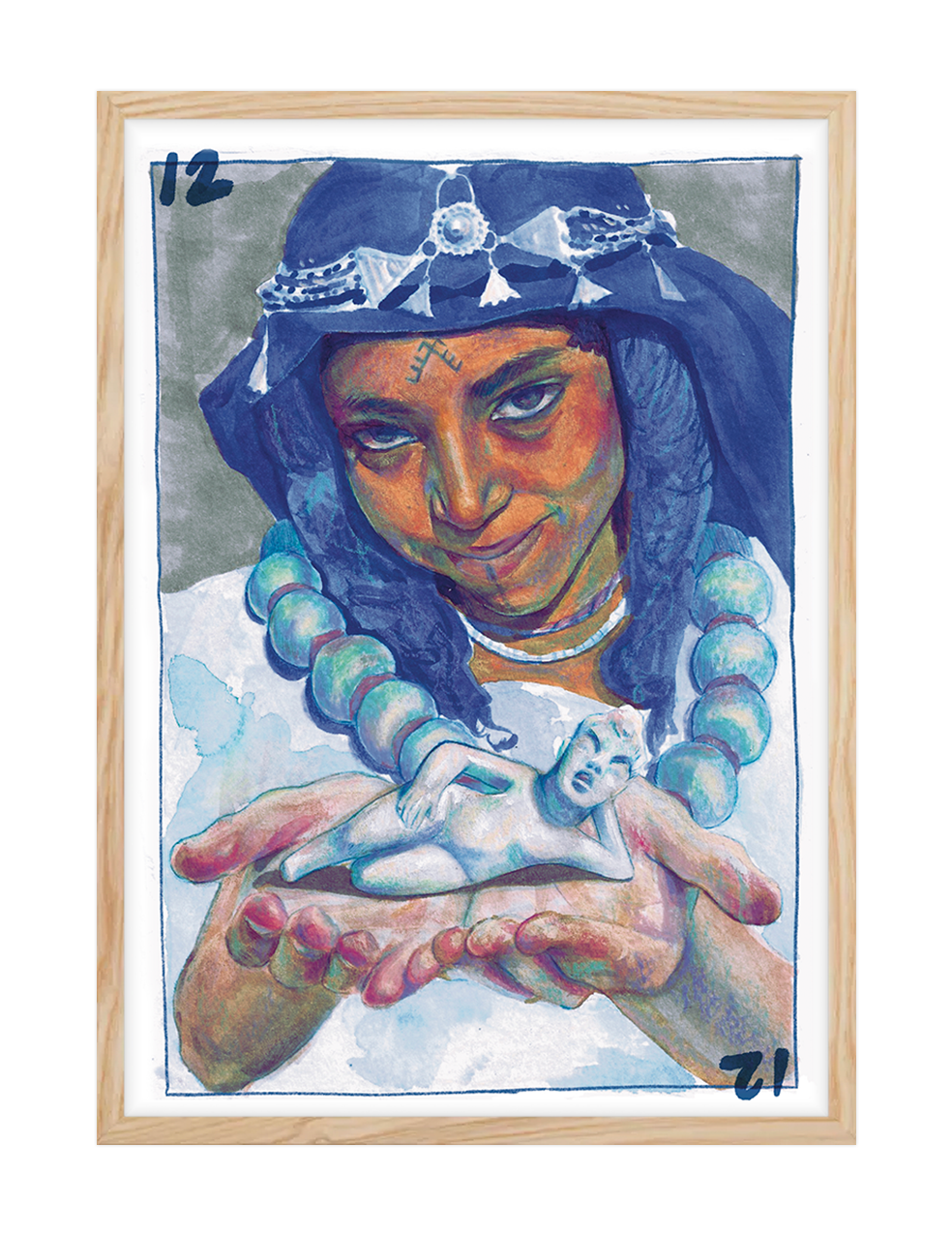 Reina 3 by Ibouyen: watercolour portrait of an Amazigh woman in a silver headdress holding a small white bird
